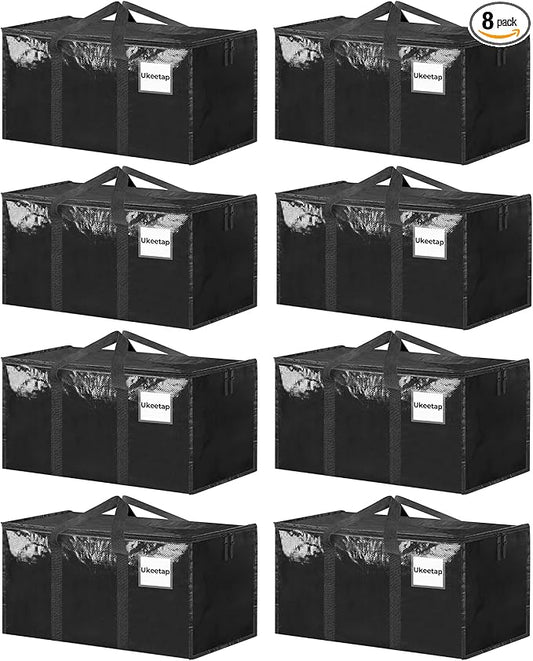 8 Pack Extra Large Heavy Duty Moving Bags, Black Storage Bins with Lids, Reinforced Handles & Heavy-Duty Zippers Moving Boxes Storage Bags Totes for Clothes Packing, Dorms, College Supplies, Black