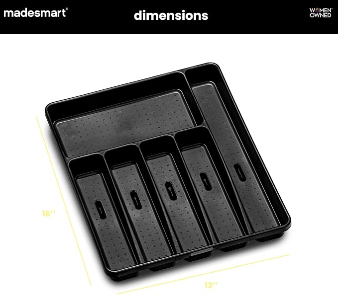 madesmart Premium Silverware Tray, 6 Compartment Flatware Organizer for Forks, Knives & Spoons, Non Slip, Soft Grip Lining, Durable Drawer Organizer, Black