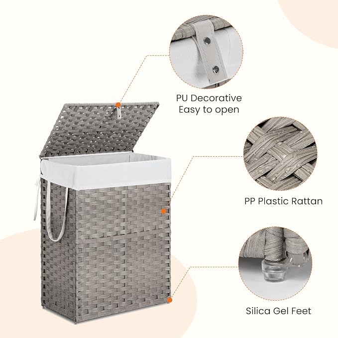 DUMOS Woven Laundry Basket with Lid, 90L Large Capacity Hamper, Removable & Machine-Washable Liner, Foldable Rattan Clothes Hamper, Sturdy Steel Frame, Odor Control, Dove Gray