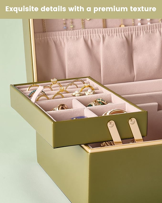 Lolalet Jewelry Box Organizer for Women Girls, 2 Layer Jewelry Organizers and Storage for Necklace Earrings Rings Bracelets, Large Jewellery Holder Case Birthday Gifts -Olive Green