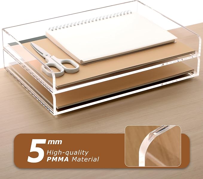 2 Pack- Stackable Paper Letter Tray, A4 File Tray Desk Organizer, Acrylic Desk Organizers and Accessories Sorter, Clear Workspace Office Supplies Organizers, 12.4inx8.86inx3.46in