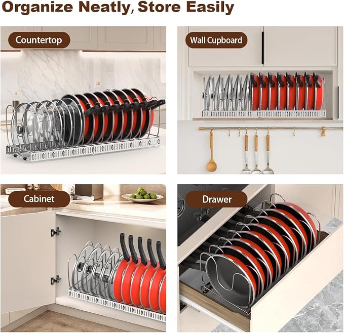 Housolution 2 Pack Pot and Pan Lid Organizer Holder Storage Rack, Silver | 12"-23" Expandable, 14 Adjustable Dividers, Sturdy Metal Construction, Easy Assembly