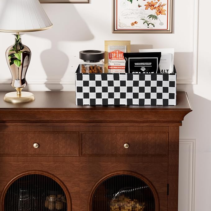 Woven Storage Baskets Bins Container, 16” Checker Pattern Ribbon Metal Wire Desk Organizer, Drawer Dresser Baskets, Countertop Toilet Paper Storage Containers (Black & White),2-Pack