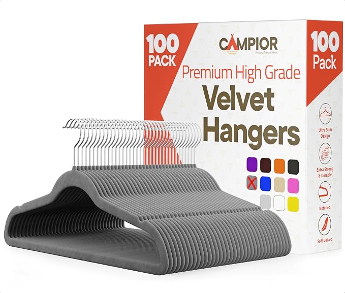 Gray Velvet Hangers 100 Pack – 360° Swivel Hook, Non-Slip and Space Saving Hangers, Heavy-Duty 11 lbs Weight Capacity - Smooth Velvet Finish for Crease-Free Clothes and Effortless Closet Organization