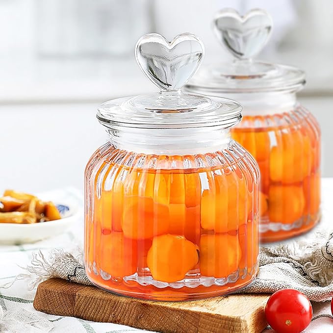 22 oz Clear Glass Canister with Cute Heart shaped Lids Set, Food Storage Glass Jars with Airtight Lids for Kitchen and Dining Room, Stripe/Set of 2