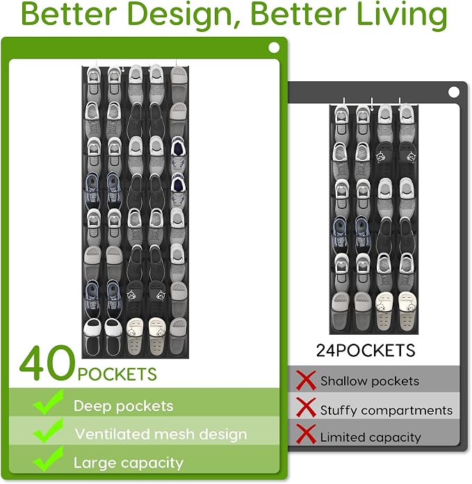 Over the Door Shoe Organizer with 40 Large Breathable Mesh Pockets, Space Saving Shoe Holder, Hanging Shoe Rack for Entryway Bedroom Closet Storage (Black, 40 Pockets)