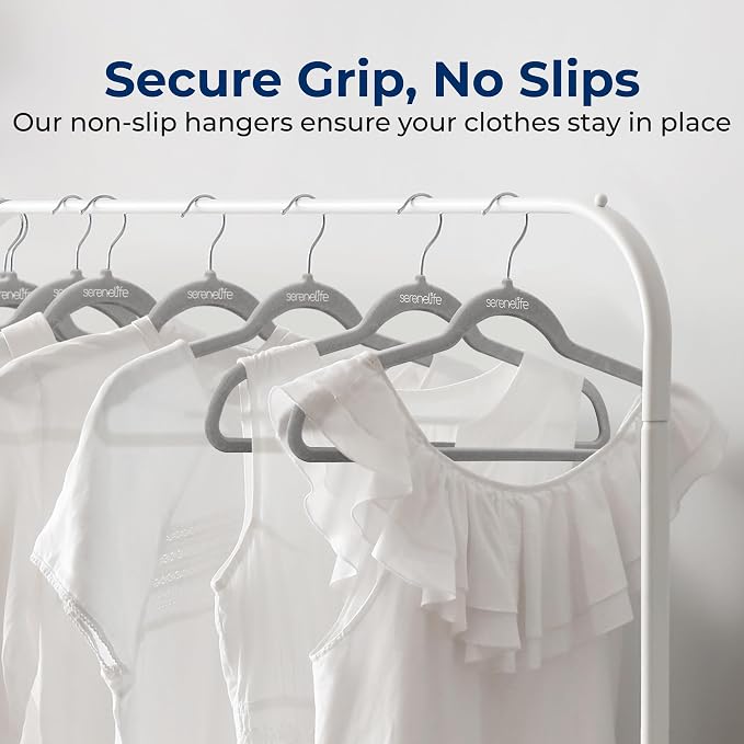 SereneLife Velvet Hangers – 20 Pack, Slim & Space Saving for Closets | Soft velvet grip prevents slipping on silk, satin & knitwear – 360° swivel hook fits all standard closet rods