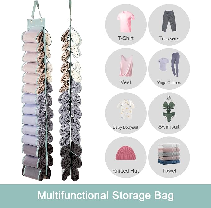 DHSFKBE Legging Organizer Storage - 2PCS T Shirt Organizer, Hanging Closet Organizers and Storage with 26 Roll Independent Compartments for Yoga Pants, Towel, Bathing Suit (Grey)