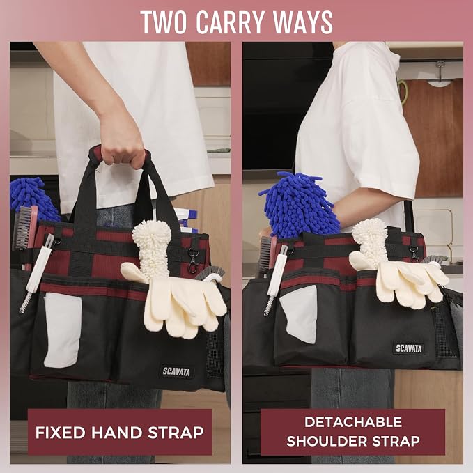 SCAVATA Compact Wearable Cleaning Caddy, Small Cleaning Caddy Supplies Organizer with Handle & Shoulder Straps for Housekeepers, Under Sink & Car Cleaning Tool Organizers Bag (AncoraRed)