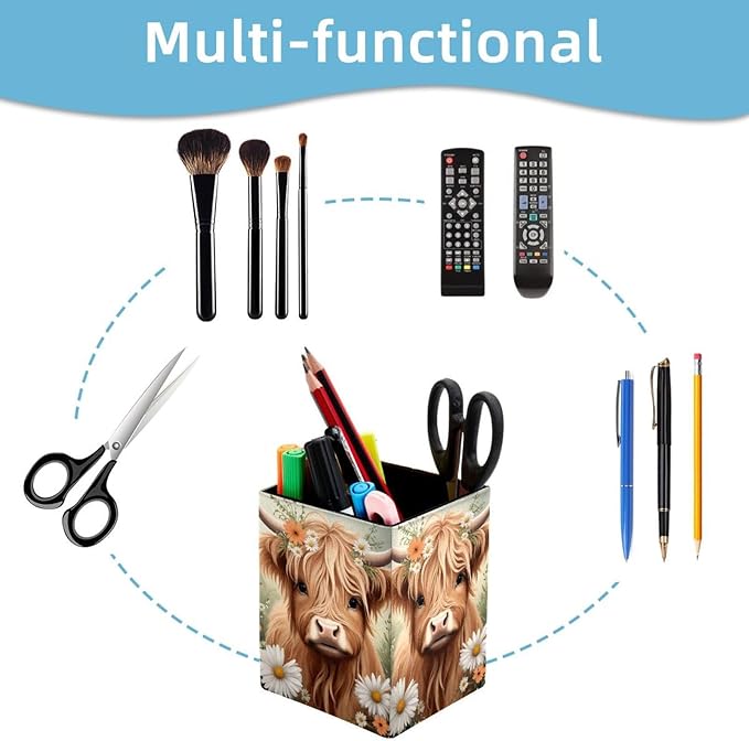 Pen Holder for Desk, Highland Cow Daisies Pencil Holder, Pen Cup Functional Desk Organizer for Office Supplies