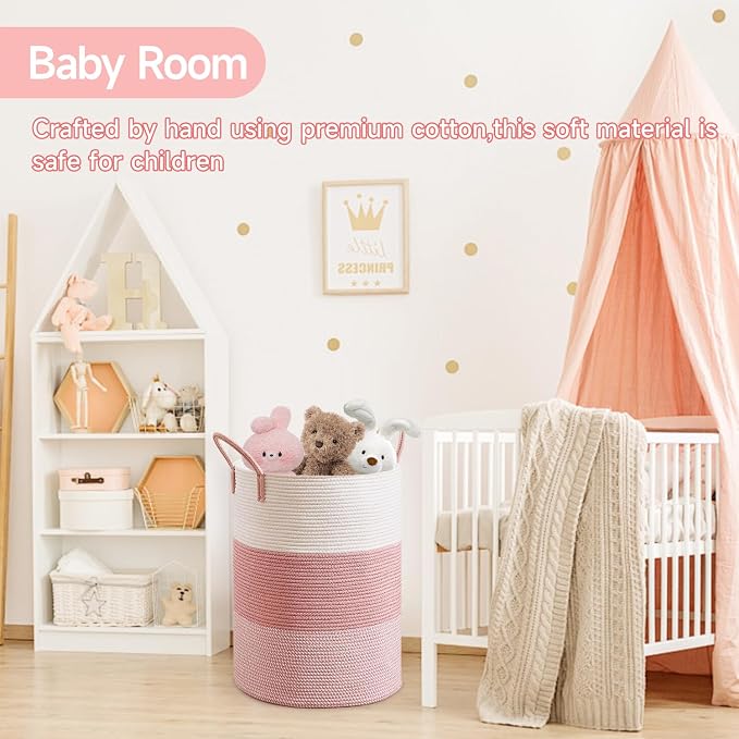 CLHMILY&Z 80L Laundry Basket Round Storage Rope Basket - 16.5x22.5 Inches - Pink Hamper in Bedreoom and Cute Storage Bin for Blankets, Toys, and Nursery Essentials