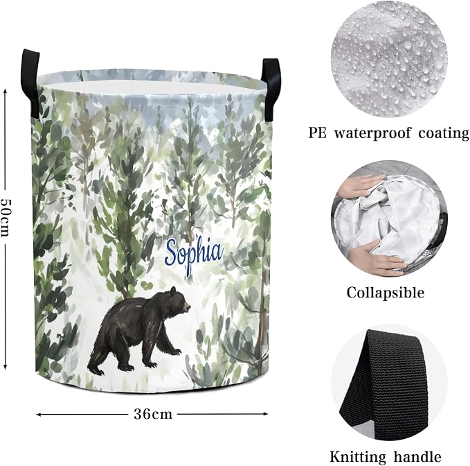 Laundry Basket Forest Bear Custom Name Laundry Bag Hamper Collapsible Oxford Cloth Home Storage Bin with Handles