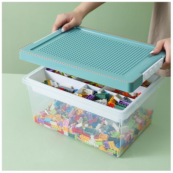 Plastic Storage Bins with Lids - 1 Set Stackable Arts Crafts Organizer Box with Removable Divided Tray &Compatible Building Baseplate,Toy Chest Containers for Bricks -Green(14.37"x9.64"x6.69")