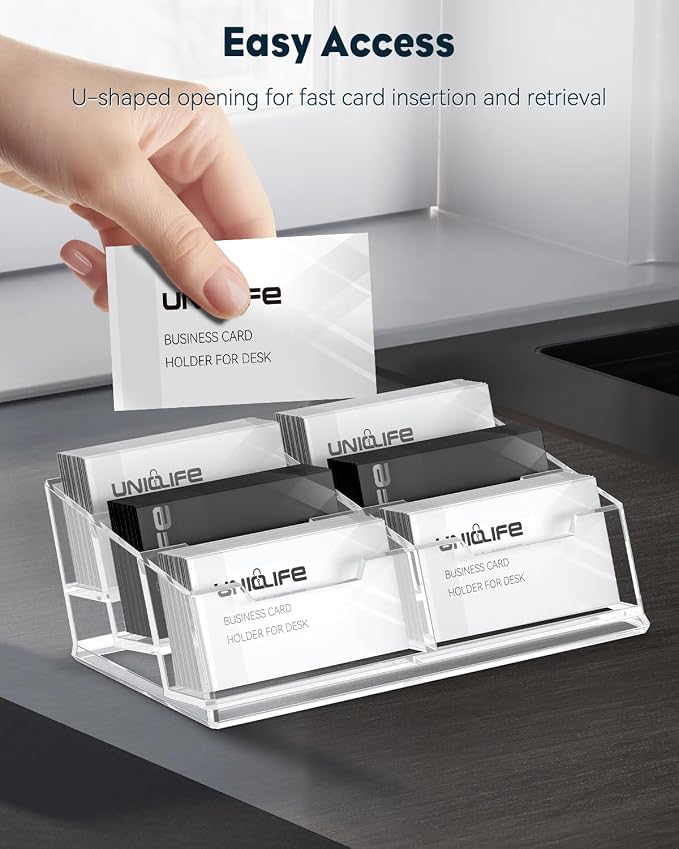 Uniclife Clear Acrylic Business Card Display Stand for Desk 6 Slots Business Card Holder for Men & Women Desktop Business Card Organizer 360 Card Capacity Card Stand for Office Home Exhibition