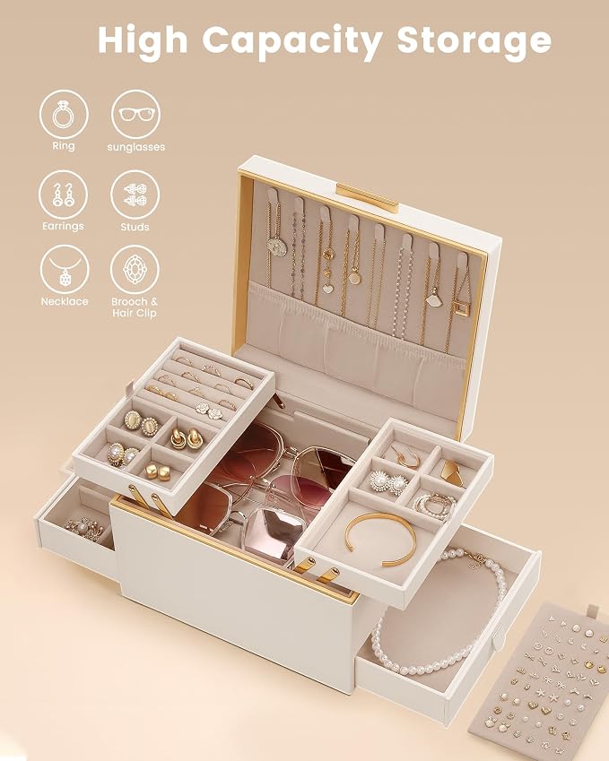 Lolalet Jewelry Box Organizer for Women Girls, 2 Layer Jewelry Organizers and Storage for Necklace Earrings Rings Bracelets, Large Jewellery Holder Case Birthday Gifts -Cream