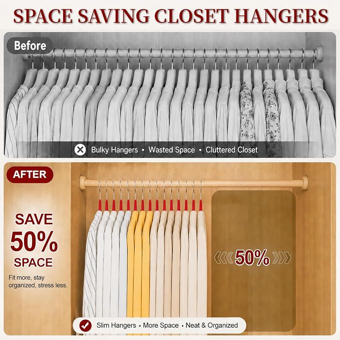 Velvet Hangers 50 Pack, Non Slip Clothes Hangers with Shoulder Notches, Slim Felt Hanger with 360° Swivel Hook, Space-Saving, Heavy Duty, for Coat, Shirt, Pants, Dress, Suits, Red