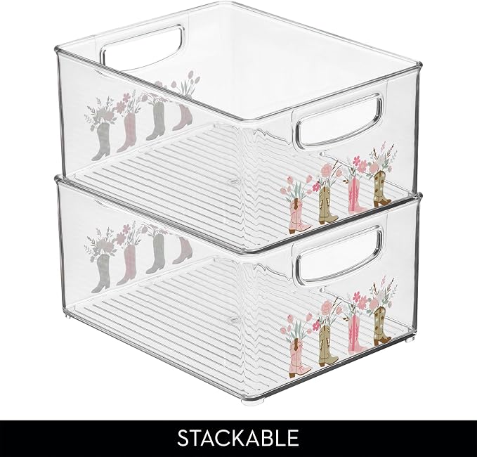 iDesign Bathroom Organizer Bin with Decorative Print - Stackable Plastic Storage Basket for Makeup & Vanity Organization - Clear