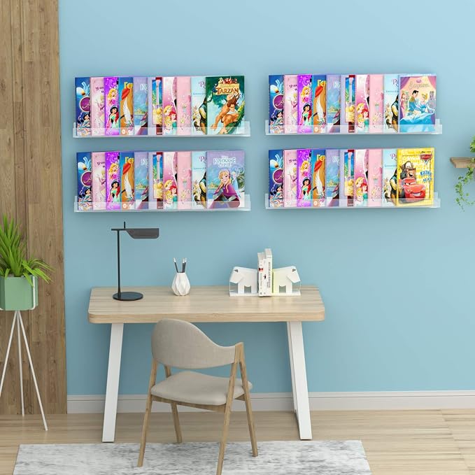 NIUBEE 36" Premium Acrylic Floating Nursery Kids Bookshelf Wall Ledge Shelf, Clear Invisible Spice Rack Bathroom Storage Shelves Display Organizer, 50% Thicker with Screwdriver, Set of 4