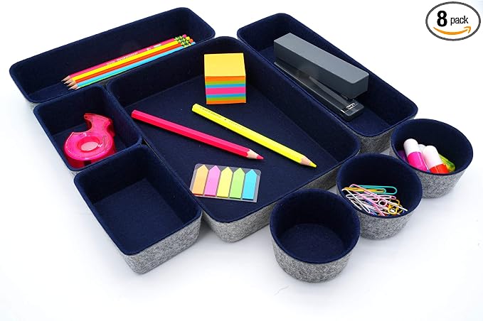 Welaxy 8-piece office desk drawer organizers trays felt small Storage bins shallow box draw dividers for Office supplies Multi-purposed organize gifts idea for men (Navy)