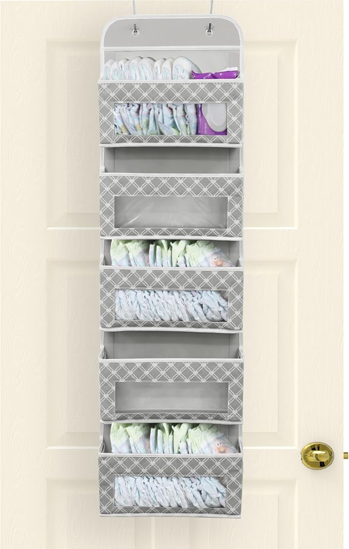 Simple Houseware 5 Clear Window Pocket Over Closet Door Storage Hanging Organizer for Bedroom, Bathroom, Pantry, Geometric Gray
