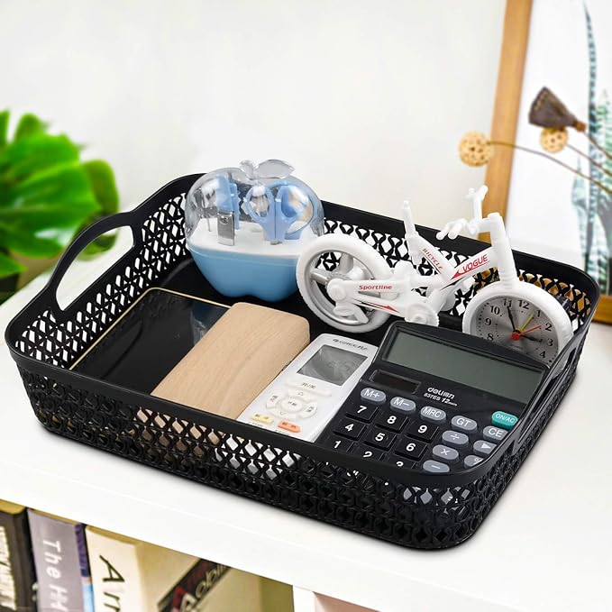 Large Plastic Storage Basket Tray with Handle, Black, Pack of 6