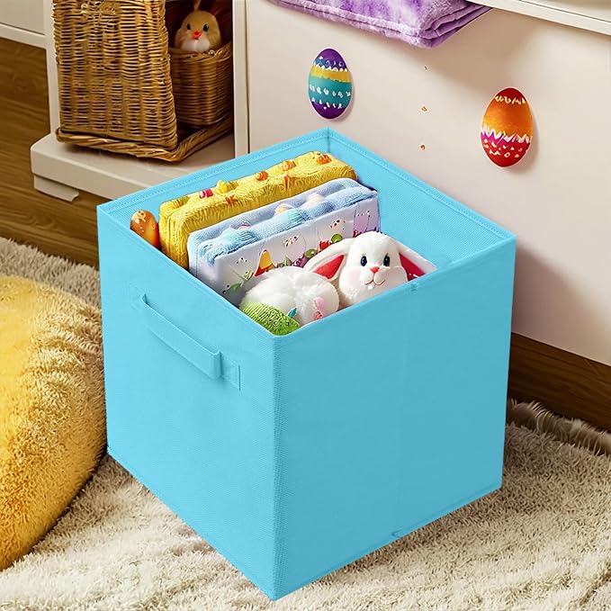 PowerKing Collapsible Storage Cubes with Handles, Fabric Foldable Bins for Closet Shelves, Durable Organization Storage Bins, 10.5'' x 11'' x 10.5'', 6 Pack, Blue