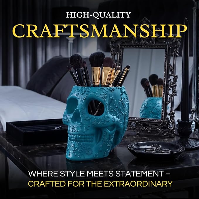 Skull Makeup Brush Holder, Pen Holder, Vanity, Desk, Office Organizer, Stationary, Decor Planter, Candy Bowl, Goth Decorations, Extra Large, Skulls Gothic Skull & Bones Organizer Bathroom (Blue)