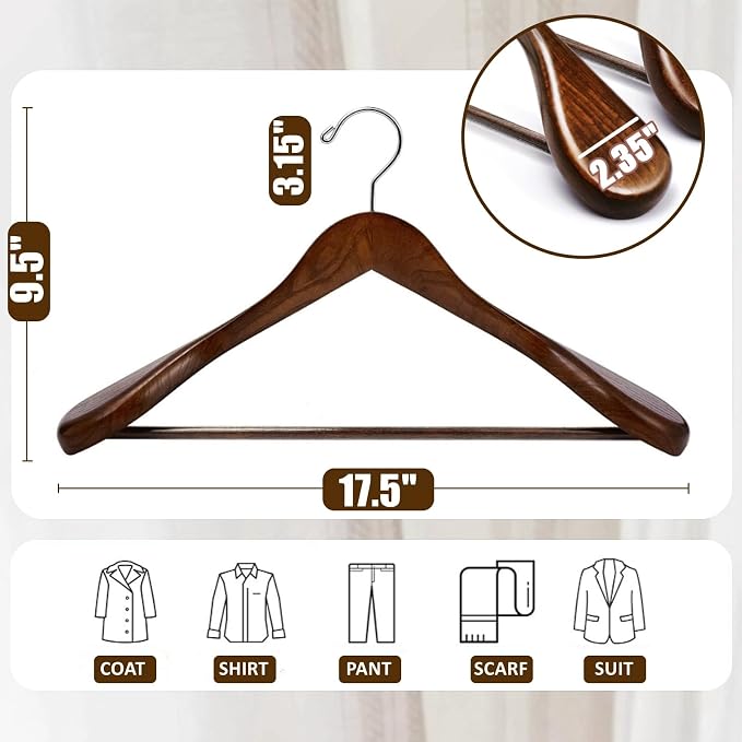 Amber Home 6 Pack Wide Shoulder Wooden Suit Hangers, Walnut | Walnut Wood Coat Hangers with Non Slip Pants Bar, Clothes Hangers for Jackets, Sweaters, Pants & Heavy Clothes