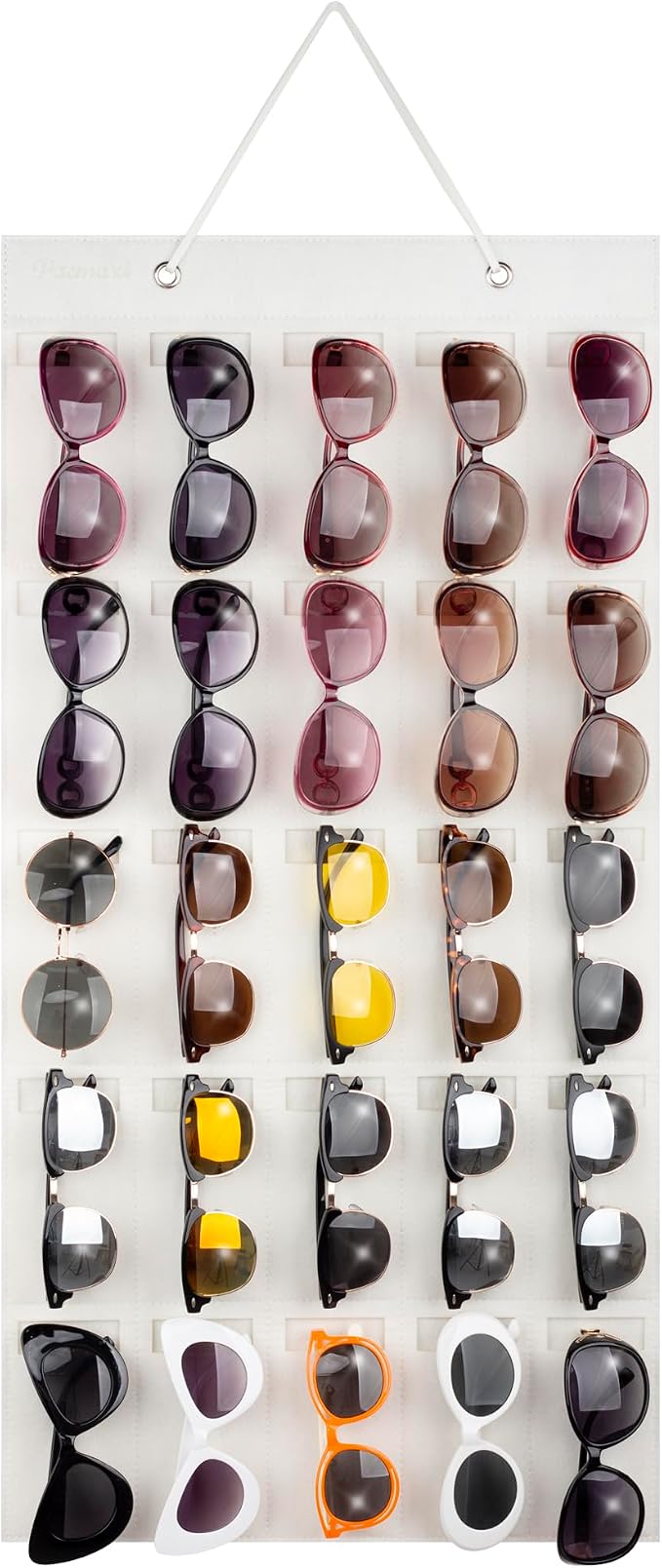 PACMAXI Sunglasses Storage Organizer, Wall Pocket Mounted by Sunglasses, Hanging Eyeglasses Storage Holder, Eyewear Display. (Ivory white, 25 Slot)