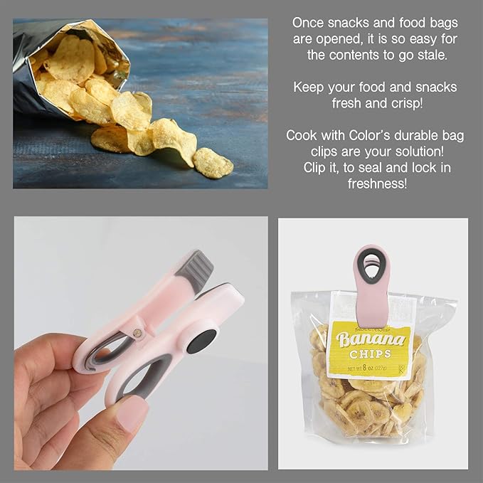 COOK WITH COLOR Chip Bag Clips with Magnet for Food Storage with Airtight Seal Grip for Bread Bags, Snack Bags and Food Bags
