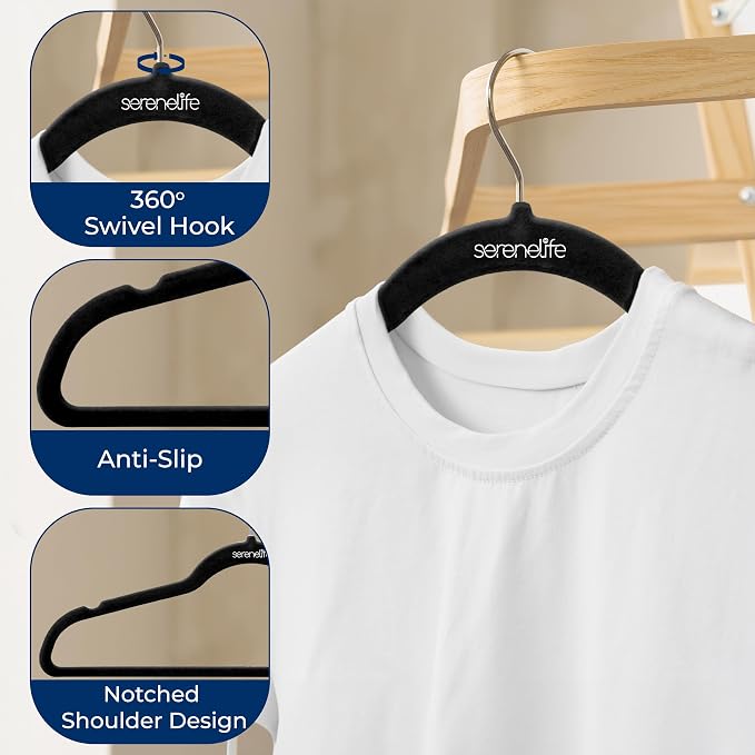 SereneLife Velvet Hangers – 150 Pack, Slim & Space Saving for Closets | Soft velvet grip prevents slipping on silk, satin & knitwear – 360° swivel hook fits all standard closet rods