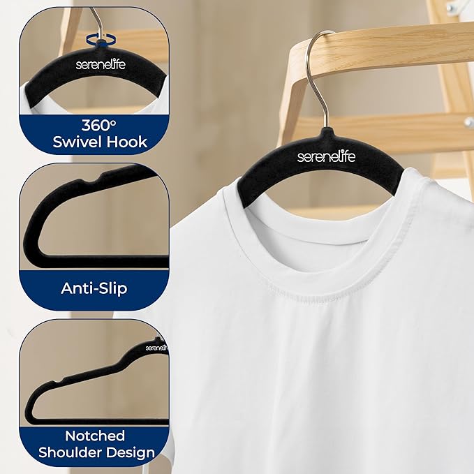 SereneLife Velvet Hangers – 20 Pack, Slim & Space Saving for Closets | Soft velvet grip prevents slipping on silk, satin & knitwear – 360° swivel hook fits all standard closet rods