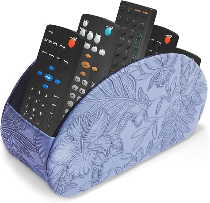 Remote Control Holder, PU Leather Remote Caddy Desktop Organizer with 5 Spacious Compartments for TV Remotes/Media Controllers/Office Supplies (1-Carved Blue