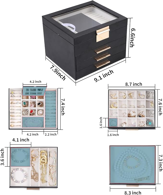 BOOVO Clear Lid Jewelry Box,3 Layers Jewelry Organizer Large Jewelry Storage Box with 2 Drawers,Jewelry Holder Organzier of Rings Earrings Necklace Bracelets for Women (Black, 4 Layer)