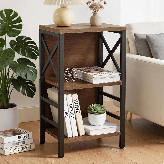 MNEETRUNG Book Shelf, Small 3-Tier Industrial Bookshelf with Strong Metal Frame & Backboard, 15.7" Short Bookcase for Small Spaces, Living Room, Bedroom and Home Office, Brown