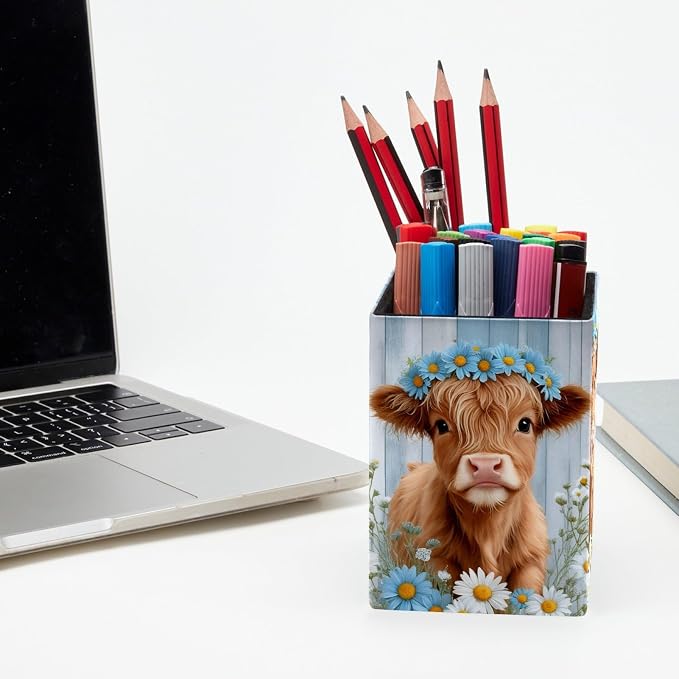Pen Holder for Desk, Highland Cow Teal White Daisies Rustic Pencil Holder, Pen Cup Functional Desk Organizer for Office Supplies