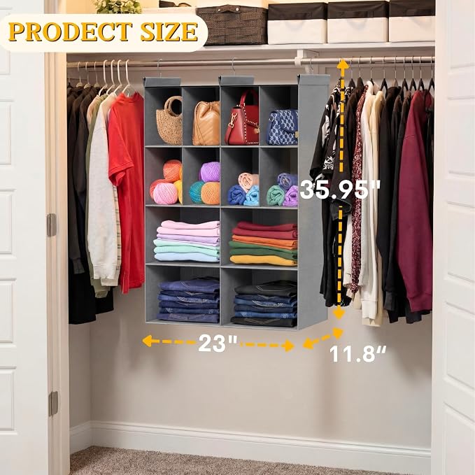 Ofiray-home 4 Tier Hanging Closet Organizer, 12 Compartments Sweater Organizer for Closet with 3 Sturdy Hooks, Closet Organizers and Storage, Wardrobe, Rv, Garment Rack, Grey