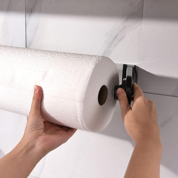 simpletome ONE Hand Tear Paper Towel Holder Under Cabinet Adhesive or Drilling Installation Aluminum Alloy + ABS (Black) | tension arms, tear one/more sheets at one time | aluminum alloy+abs | adhesive or drilling for wall/cabinet | for 28cm roll
