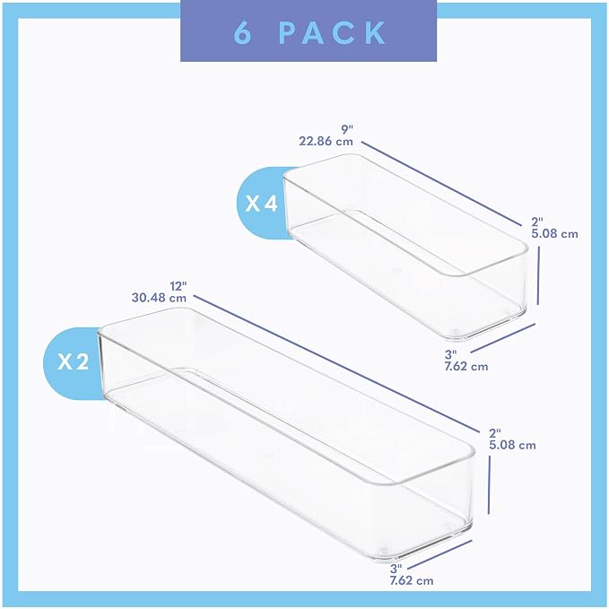 primebox Six Pcs. Plastic Clear Drawer Organizers. Stackable Storage Trays for Kitchen Utensils and Silverware. 2 Sizes. Stackable