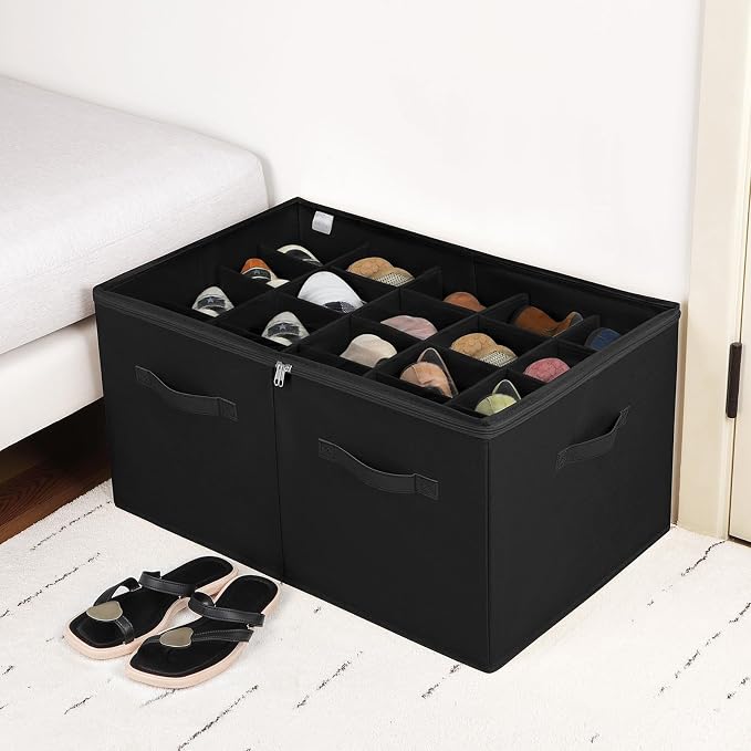 TOPIA HOME Shoe Organizer for Closet 2 Pack, Foldable Shoe Box with Adjustable Divider and Clear Cover, Space Saving Shoe Storage Organizer Cabinet with Reinforced Handles, Fits 40 Pair, Black, TP11B
