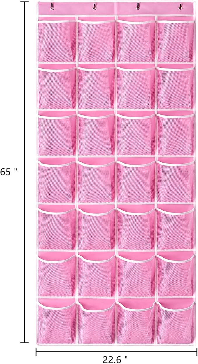 KEEPJOY 28 Pockets Hanging Shoe Organizer, Over the Door Shoe Organizer, Hanging Door Shoe Holder Rack with Mesh Pockets Large Size 65 x 23 Inch (Pink-1Pack)