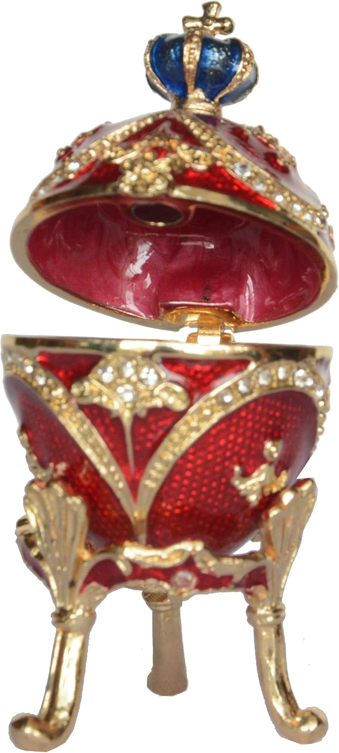 Faberge Egg Trinket Box - Easter Egg Collectible, Jewelry Box Hand Painted Decorative Box with Hinged Lid Ring Earring Holder (Red)