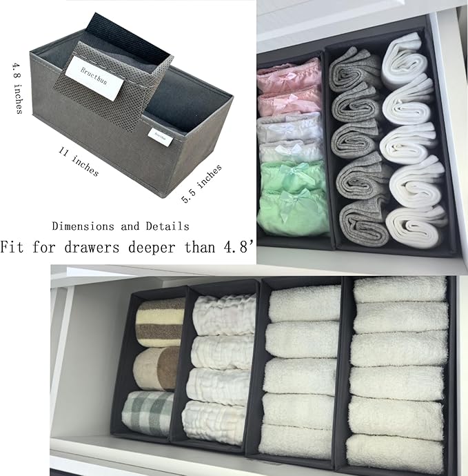 Bructhun Drawer Organizer Set of 4 - Fabric Storage Bins for Clothes, Underwear, Socks & Bras - 11" Baby Dresser Dividers for Bedroom Closet