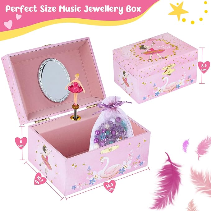 Girls' Musical Jewelry Box Organizer with Jewelry Set - glittering pink Spinning Ballerina Theme, Swan Lake Tune - Jewelry Storage and Music Box for Girls