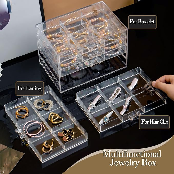 SPAKOWN Earring Organizer, Acrylic Earring Box Large 30 Compartments Jewelry Holder Organizer with 5 Drawers Stackable Earring Bracelet Storage Case Jewelry Boxes for Women (Clear)