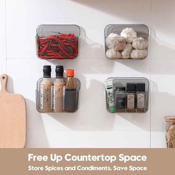 4 Pack Adhesive Kitchen Cabinet Door Organizer, Compact Pantry Organizers and Storage Box, Bathroom Storage Organizer Shelf for Narrow Space, Wall Mounted Shower Caddy Hanging Sink Caddy(Smoke Gray)