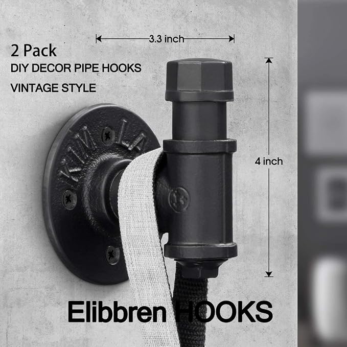 Elibbren 2 Pack Vintage Bathroom Robe and Towel Wall Hooks for Hanging, Rustic Style Industrial Iron Pipe Coat Hook Wall Mounted Heavy Duty Farmhouse DIY, Mounting Hardware Included