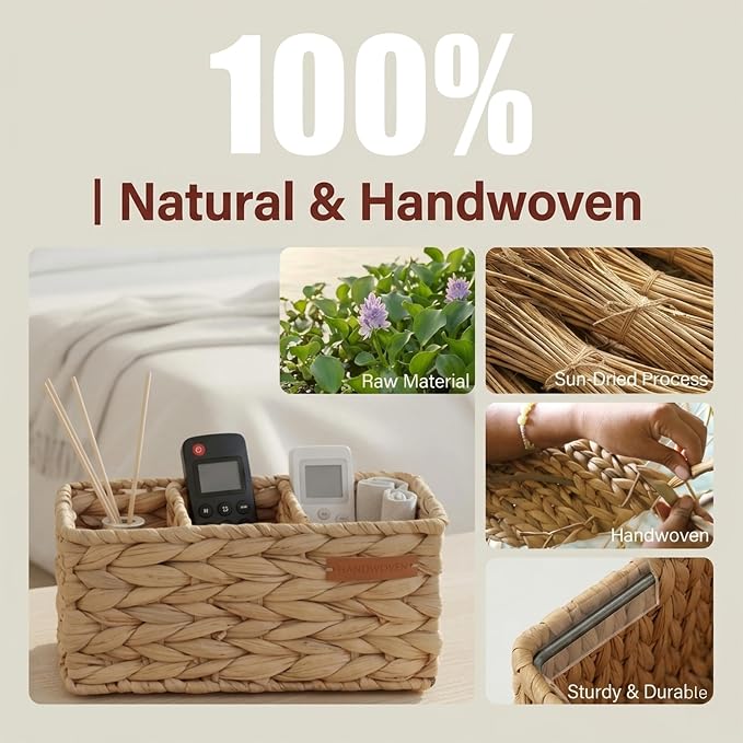 Water Hyacinth Wicker Baskets for Storage, Handwoven Rattan Shelf Basket with 3 Divided Compartments for Organizing Pantry Closet Wardrobe, 100% Natural Decorative Woven Organizer Bin, 2 Pack