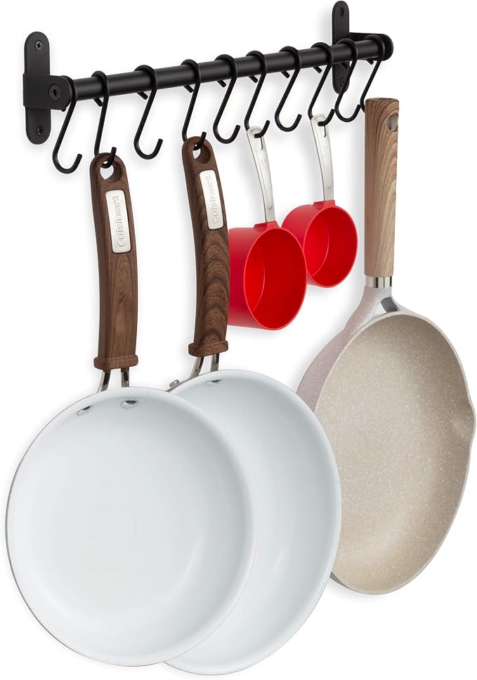 Wallniture Lyon Kitchen Rail with 10 Utensil Holder S Hooks for Hanging Kitchen Utensils Set and Cookware, 17" Frosty Black
