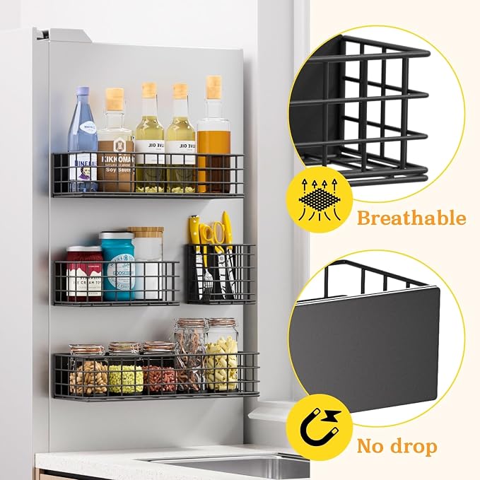 Ofiray-home Magnetic Fridge Shelf, 4-Pack Metal Strong Magnet Rack, Space Saving Spice Organizer, Utensil Holder, Fruit Potato Onion Storage Bins, Black Refrigerator Organizers and Storage